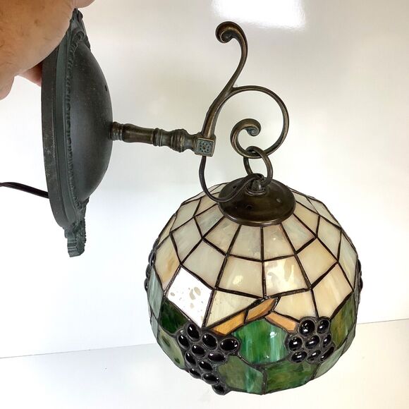 Stained Glass Hanging Electric Wall Sconce Grapes Metal Bracket Deco Mission - Picture 1 of 11